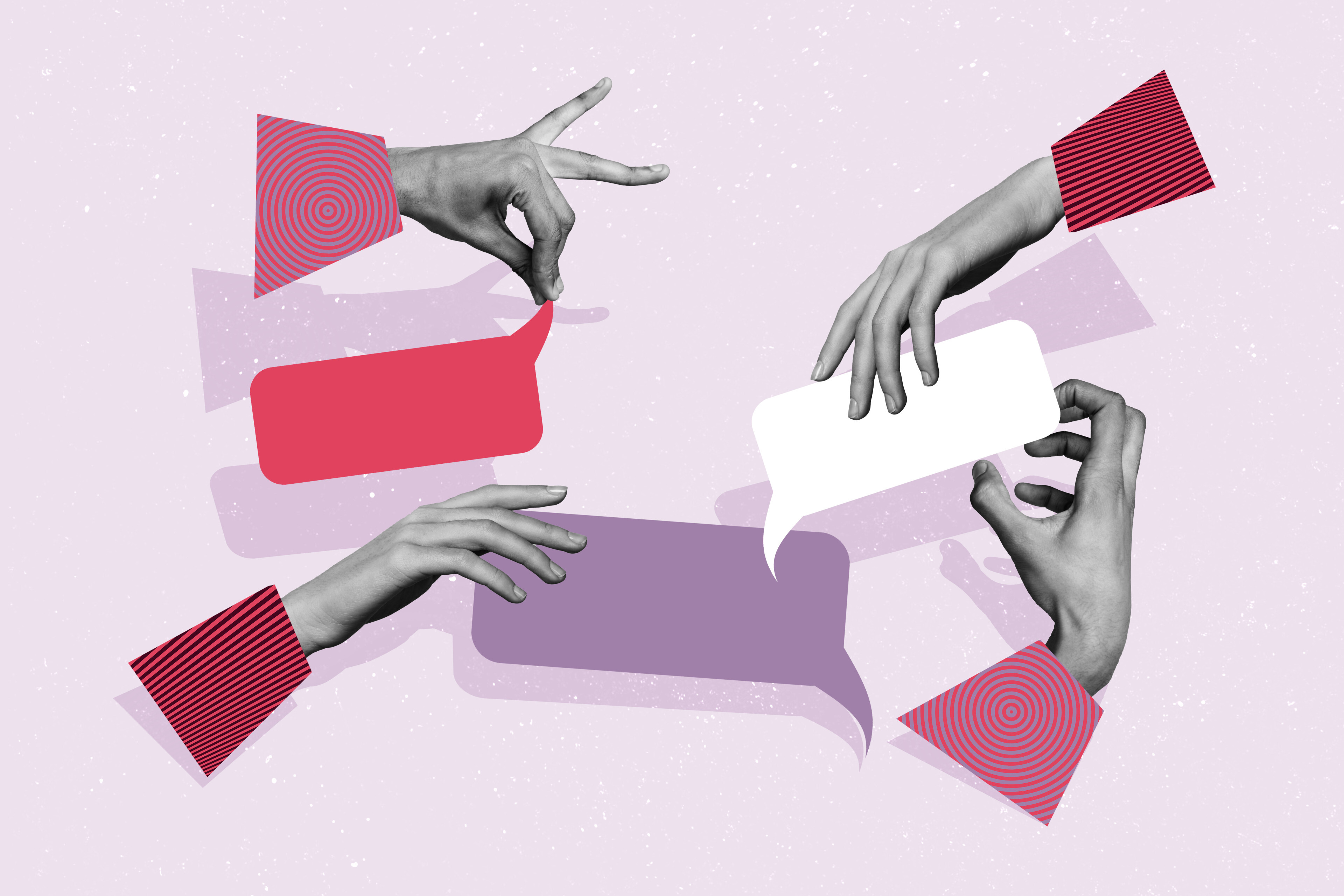 Illustration mit vier schwarzweissen Händen, die in unterschiedlichen Positionen rote, violette und weisse Sprechblasen halten. Der Hintergrund ist blassrosa.